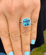 Load image into Gallery viewer, Cushion Cut Blue Topaz And CVD Diamonds Engagement Ring Set In 14k Solid White Gold Wedding Anniversary Ring Halo Style Bridal Ring 4.70ctw