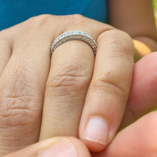 Load image into Gallery viewer, Round Cut Three Sided Moissanite Eternity Band Set In 14k Solid White Gold Anniversary Band Filigree Wedding Bridal Band 2.75ctw 3.8mm width