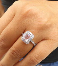 Load image into Gallery viewer, Emerald Cut Moissanite And CVD Round And Baguettes Diamond Sides Engagement Ring 14k Solid White Gold Deco Style Halo Wedding Ring 2.45ctw