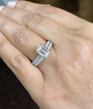 Load image into Gallery viewer, Emerald Cut Moissanite And Round Cut Sides Cvd Diamond Engagement Ring And Matching Band 14k Solid White Gold Wedding Bridal Set 2.55ctw