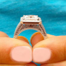 Load image into Gallery viewer, Princess Cut Moissanite And Round Cut Sides Engagement Ring 14k Solid Heavy White Gold Filigree Design Bridal Ring Halo Wedding Ring 3.70ctw