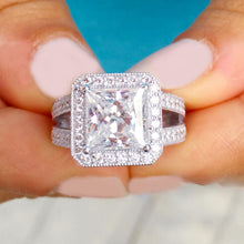 Load image into Gallery viewer, Princess Cut Moissanite And Round Cut Sides Engagement Ring 14k Solid Heavy White Gold Filigree Design Bridal Ring Halo Wedding Ring 3.70ctw