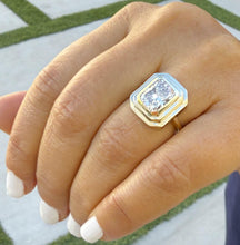 Load image into Gallery viewer, Radiant Cut Moissanite Ring Solitaire Set In 14K Solid And Heavy Yellow Gold Bezel Set Wedding Ring Double Halo Style Bridal Ring 3.50ct