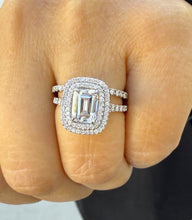 Load image into Gallery viewer, Emerald Cut Moissanite And Cvd Round Side Diamonds Engagement Ring And Matching Band 14k Solid White Gold Double Halo Wedding Set 2.75ct