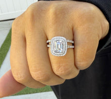 Load image into Gallery viewer, Emerald Cut Moissanite And Cvd Round Side Diamonds Engagement Ring And Matching Band 14k Solid White Gold Double Halo Wedding Set 2.75ct