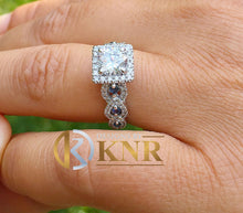 Load image into Gallery viewer, Round Cut Moissanite And Cvd Diamonds And Sapphire Sides Engagement Ring 14K Solid White Gold Bridal Ring Halo Wedding Propose Ring 2.00