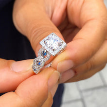 Load image into Gallery viewer, Round Cut Moissanite And Sapphire Halo Engagement Ring Set In 14K Solid White Gold Bridal Ring Braided Style Wedding Propose Ring 2.00ctw