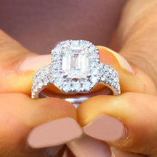 Load image into Gallery viewer, Emerald Cut Moissanite And Round Cut Sides Cvd Diamond Engagement Ring And Matching Band 14k Solid White Gold Halo Wedding Bridal Set 2.00ct