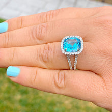 Load image into Gallery viewer, Cushion Cut Blue Topaz And CVD Diamonds Engagement Ring Set In 14k Solid White Gold Wedding Anniversary Ring Halo Style Bridal Ring 4.70ctw