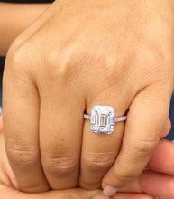 Load image into Gallery viewer, Emerald Cut Moissanite And CVD Round And Baguettes Diamond Sides Engagement Ring 14k Solid White Gold Deco Style Halo Wedding Ring 2.45ctw