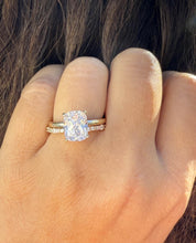 Load image into Gallery viewer, Cushion Center Moissanite And Round And Baguettes Cut Sides Engagement Ring And Matching Band 14k Solid Yellow Gold Bridal Wedding Set 3.30
