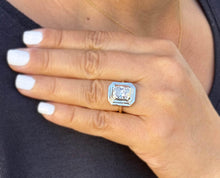 Load image into Gallery viewer, Radiant Cut Moissanite Ring Solitaire Set In 14K Solid And Heavy Yellow Gold Bezel Set Wedding Ring Double Halo Style Bridal Ring 3.50ct