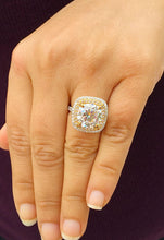 Load image into Gallery viewer, Cushion Cut Moissanite And Round Cut Engagement Ring 14k Solid White And Yellow Gold Bridal Wedding Ring Double Halo Style Split Shank 6.50