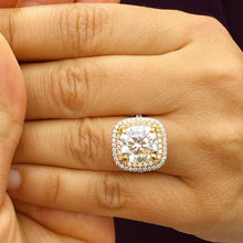 Load image into Gallery viewer, Cushion Cut Moissanite And Round Cut Engagement Ring 14k Solid White And Yellow Gold Bridal Wedding Ring Double Halo Style Split Shank 6.50