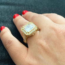 Load image into Gallery viewer, Asscher Cut Moissanite and Round Cut Sides Bezel Set Engagement Ring Halo Filigree Set In 14k Solid and Heavy Yellow Gold Bridal Ring 4.60ct