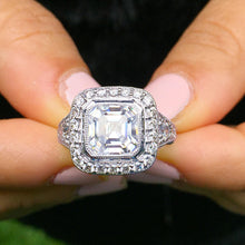 Load image into Gallery viewer, Asscher Cut Moissanite and Round Cut Sides Bezel Set Engagement Ring 14k Solid and Heavy White Gold Bridal Wedding Ring Filigree 3.70ctw