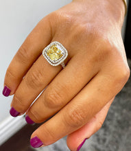 Load image into Gallery viewer, Cushion Cut Fancy Yellow Center And Round Cut Sides Cvd Diamond Engagement Ring Double Halo Bridal Wedding Ring 14k Solid White Gold 5.00ctw