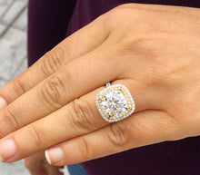 Load image into Gallery viewer, Cushion Cut Moissanite And Round Cut Engagement Ring 14k Solid White And Yellow Gold Bridal Wedding Ring Double Halo Style Split Shank 6.50