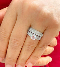 Load image into Gallery viewer, Round Cut Moissanite Engagement Ring And Matching Band 14k Solid White Gold Wedding Bridal Set Filigree Etching Design Ring And Band 3.10ctw
