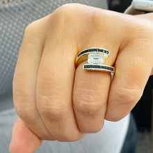 Load image into Gallery viewer, Emerald Cut Moissanite Ring And Princess Cut Natural Sapphires Engagement Ring Semi Tension Set 14K Solid Heavy Yellow Gold Wedding 3.50ctw