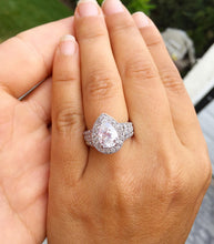 Load image into Gallery viewer, Pear Shape Center Moissanite And Round Cut Cvd Diamond Engagement Ring Halo Filigree Style Wedding Bridal Ring 14k Solid White Gold 4.40ctw