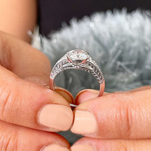 Load image into Gallery viewer, Round Cut Moissanite Engagement Ring Solitaire Style 14k Solid White Gold Bezel Set Wedding Ring Antique Filigree Style Bridal Ring 1.04ctw