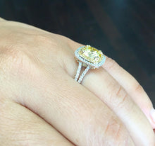Load image into Gallery viewer, Round Cut Simulated Fancy Yellow And Cvd Round Cut Sides Diamond Engagement Ring 14k Solid White And Yellow Gold Bridal Wedding Halo 4.00ctw