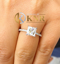 Load image into Gallery viewer, Princess Cut Moissanite and Round Cut Sides Engagement Ring For Her 14K Solid White Gold Wedding Anniversary Half Eternity Style Ring 1.70ct