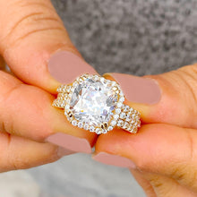 Load image into Gallery viewer, Cushion Cut Moissanite And Round Cut Sides Engagement Ring And Two Matching Bands Bridal Wedding Set Halo Style 14k Solid Yellow Gold 6.80ct