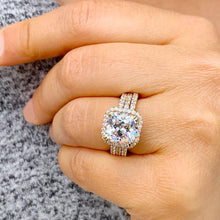 Load image into Gallery viewer, Cushion Cut Moissanite And Round Cut Sides Engagement Ring And Two Matching Bands Bridal Wedding Set Halo Style 14k Solid Yellow Gold 6.80ct