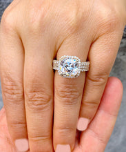 Load image into Gallery viewer, Cushion Cut Moissanite And Round Cut Sides Engagement Ring And Two Matching Bands Bridal Wedding Set Halo Style 14k Solid Yellow Gold 6.80ct