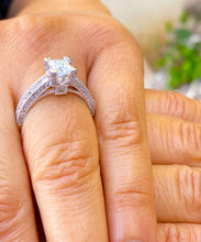 Load image into Gallery viewer, Princess Cut And Round And Princess Cut Side Diamond Engagement Ring Bridal Filigree Antique Style IGI Certified 14K Solid White Gold 2.00ct
