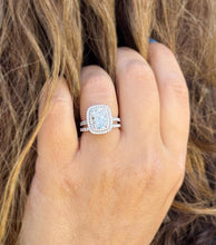 Load image into Gallery viewer, Elongated Cushion Cut And Round Cut Side Moissanite Engagement Ring And Matching Band Double Halo Bridal Set 14k Solid White Gold 2.70ctw
