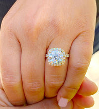 Load image into Gallery viewer, Cushion Cut Moissanite and Natural Round Cut Side Diamond Engagement Ring Halo Style Bridal Ring 14k Solid Yellow Gold Wedding Ring 5.50ctw