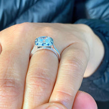 Load image into Gallery viewer, Cushion Cut Moissanite And Round Cut Sides Sapphires Halo Style Engagement Ring And Matching Band Bezel Set In 14k Solid White Gold 2.70ctw