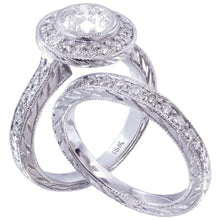 Load image into Gallery viewer, Round Cut Diamond Engagement Ring And Matching Band Bezel Set Antique Filigree Style Wedding Set IGI Certified 14k Solid White Gold 1.70ctw