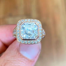 Load image into Gallery viewer, Asscher Cut Moissanite and Round Cut Sides Bezel Set Engagement Ring 14k Solid and Heavy Rose Gold Wedding Ring Filigree Bridal Ring 4.60ctw
