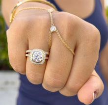 Load image into Gallery viewer, Cushion Cut Moissanite And Round Cut Sides Engagement Ring And Band 14k Solid Yellow Solid Gold Bezel Set Wedding Set Filigree Style 3.60ctw