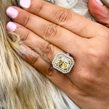 Load image into Gallery viewer, Light Fancy Yellow Radiant Simulated And Round Cut Cvd Diamond Engagement Ring Set In 14k Solid White And Yellow Gold Double Halo 6.00ct