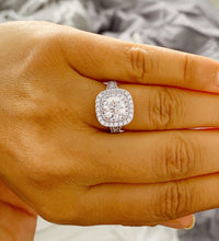 Load image into Gallery viewer, Cushion Cut Moissanite And Cvd Diamond And Sapphire Engagement Ring Double Halo Split Shak 14k Solid White Gold Bridal Wedding Ring 2.80