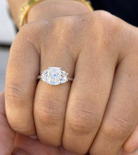Load image into Gallery viewer, Cushion Cut Center And Half Moon Shape Sides Diamond Engagement Ring IGI Certified 14k Solid White Gold Three Stone Style Ring 2.80ctw F-VS2