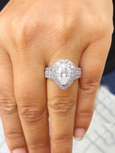 Load image into Gallery viewer, Pear Shape Moissanite And Round Cut Sides Engagement Ring Deco Halo Style Wedding Bridal Ring 14k Solid White Gold Filigree Design 4.40ctw