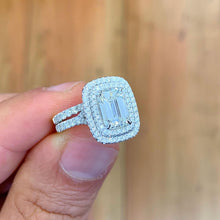 Load image into Gallery viewer, Emerald Cut Moissanite And Round Cut Sides Engagement Ring And Matching Band Double Halo Split Shank 14k Solid White Gold Wedding Ring 2.75