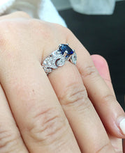 Load image into Gallery viewer, Natural Oval Shape Sapphire And Round Cut Sides Diamonds Engagement Ring Filigree Wedding Ring Right Hand Ring 14K Solid White Gold 2.15ctw