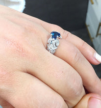 Load image into Gallery viewer, Natural Oval Shape Sapphire And Round Cut Sides Diamonds Engagement Ring Filigree Wedding Ring Right Hand Ring 14K Solid White Gold 2.15ctw