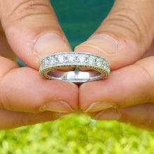 Load image into Gallery viewer, Round Cut Three Sided Moissanite Eternity Band Set In 14k Solid White Gold Anniversary Band Filigree Wedding Bridal Band 2.75ctw 3.8mm width