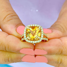 Load image into Gallery viewer, Cushion Cut Yellow Citrine and Round Cut Sides Natural Diamond Ring Split Shank Bridal Ring halo Wedding Ring 14K Solid Yellow Gold 4.70ctw