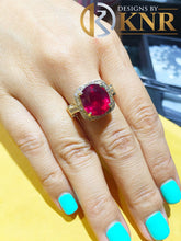 Load image into Gallery viewer, Oval Shape Ruby And Round Cut Sides Natural Diamonds Engagement Ring Right Hand Ring Halo Style Wedding Ring 14k Solid Yellow Gold 8.20ctw
