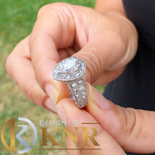 Load image into Gallery viewer, Pear Shape Moissanite And Round Cut Sides Engagement Ring Halo Prong Set Style 14k Solid White Gold Bridal Wedding Ring Filigree 4.40ctw