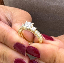 Load image into Gallery viewer, Princess Cut Moissanite And Round Cut Sides Engagement Ring Antique Style 14k Solid Yellow Gold Wedding Bridal Ring Three Stone Style 1.60ct